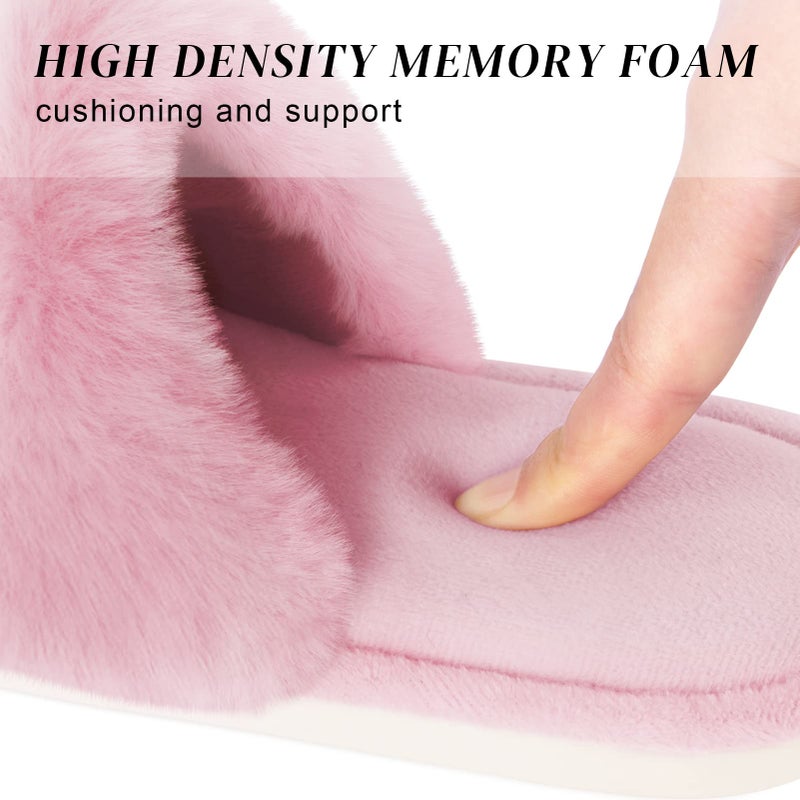Parlovable Women's Faux Fur Slippers Fuzzy Flat Spa Fluffy Open Toe House Shoes Indoor Outdoor Slip on Memory Foam Slide Sandals Pink 7-8 - Image 5